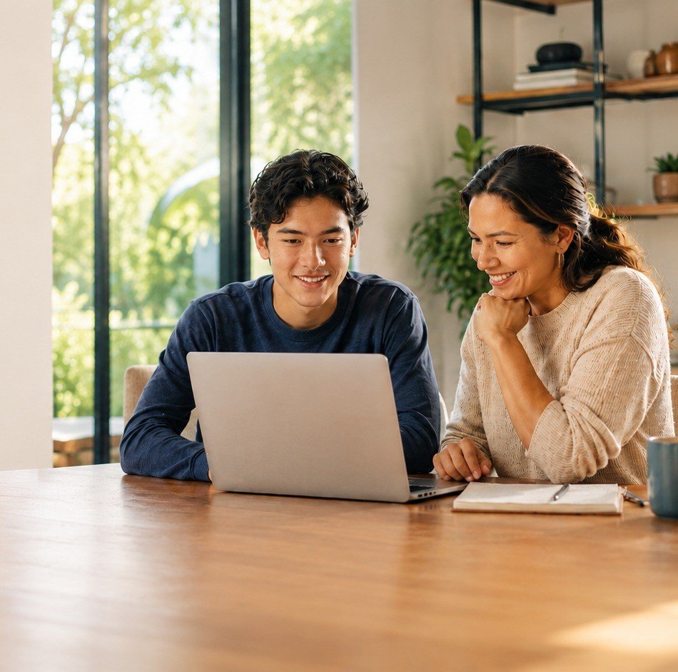 Parent and student reviewing career options together on a laptop